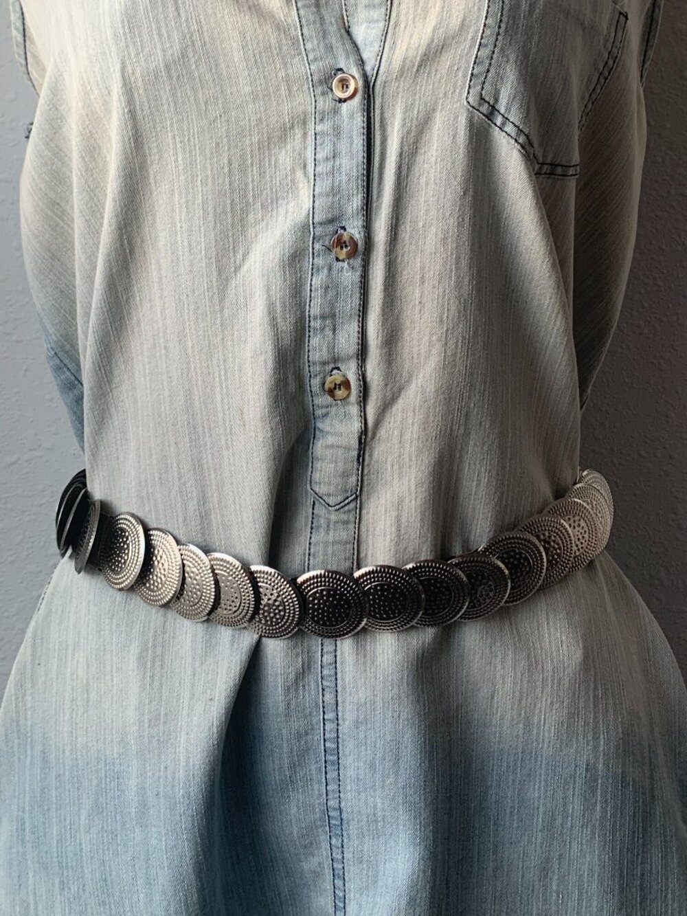 Silver Metallic Coin Disc Stretch Belt Boho Western Elastic Waistband Medium